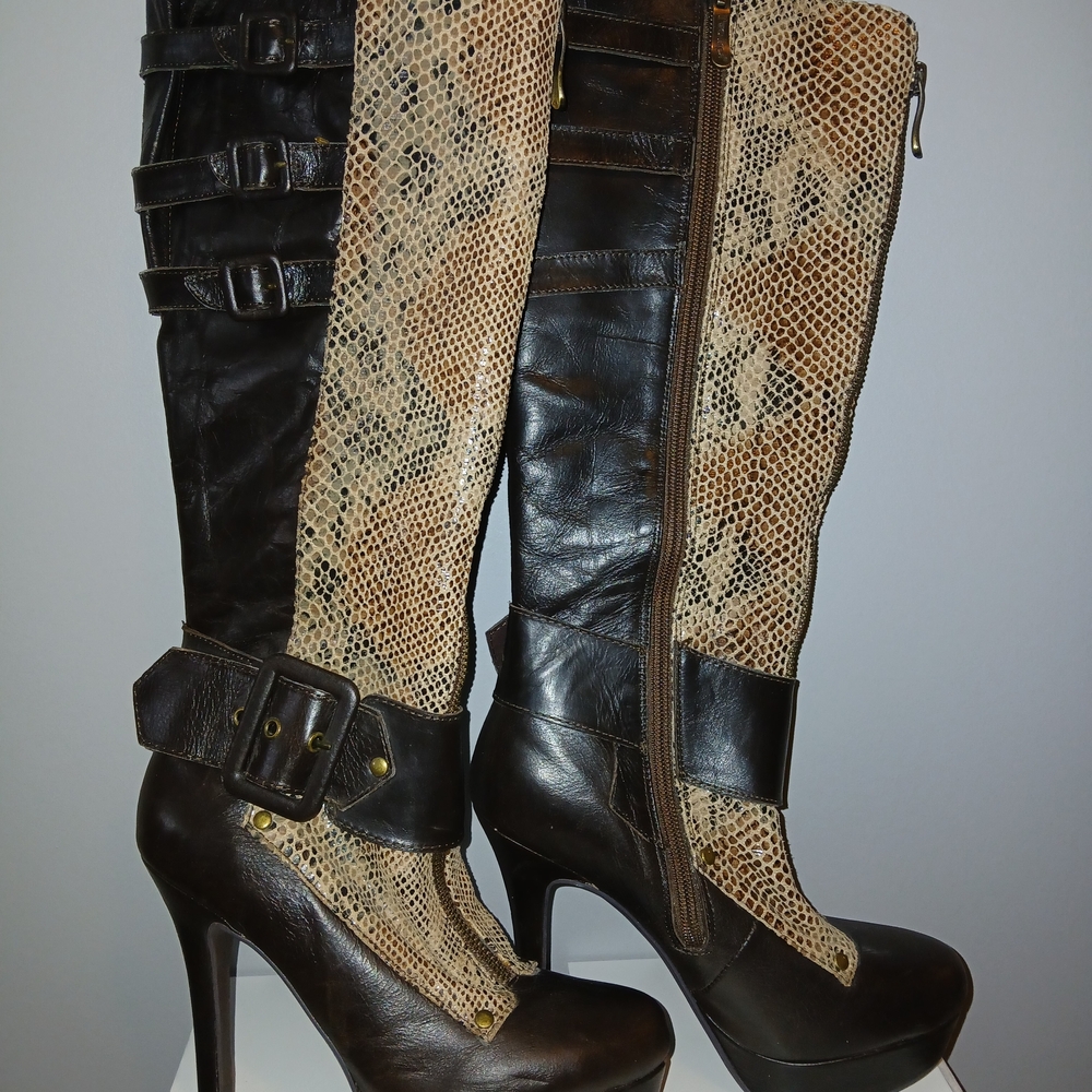 Brown and Tan Knee-High Boots
